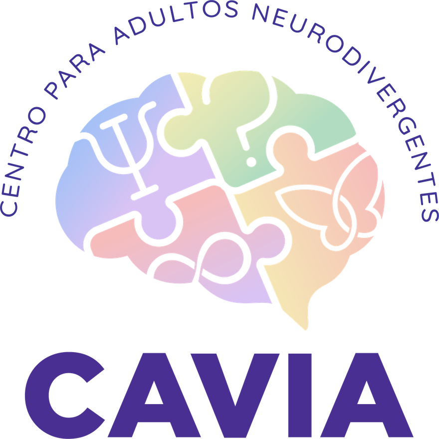 Logo de CAVIA, Centro para Adultos Neurodivergentes: un cerebro formado por piezas de rompecabezas en los colores de la marca